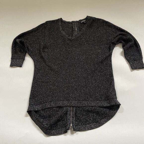 EXPRESS Black Silver METALLIC SPARKLE SWEATER Knit Top FULL Zip Back XS - Picture 1 of 9